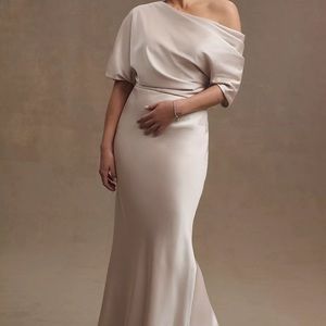 Anthropologie Amsale Pryce Off-Shoulder Satin Column Gown NEUTRAL size 14